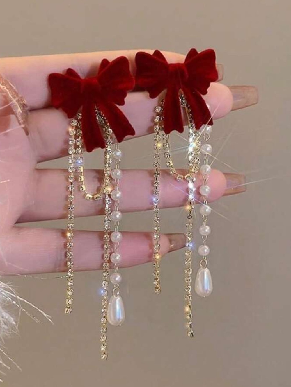 Red Velvet Bow Pearl Drop Statement Earrings